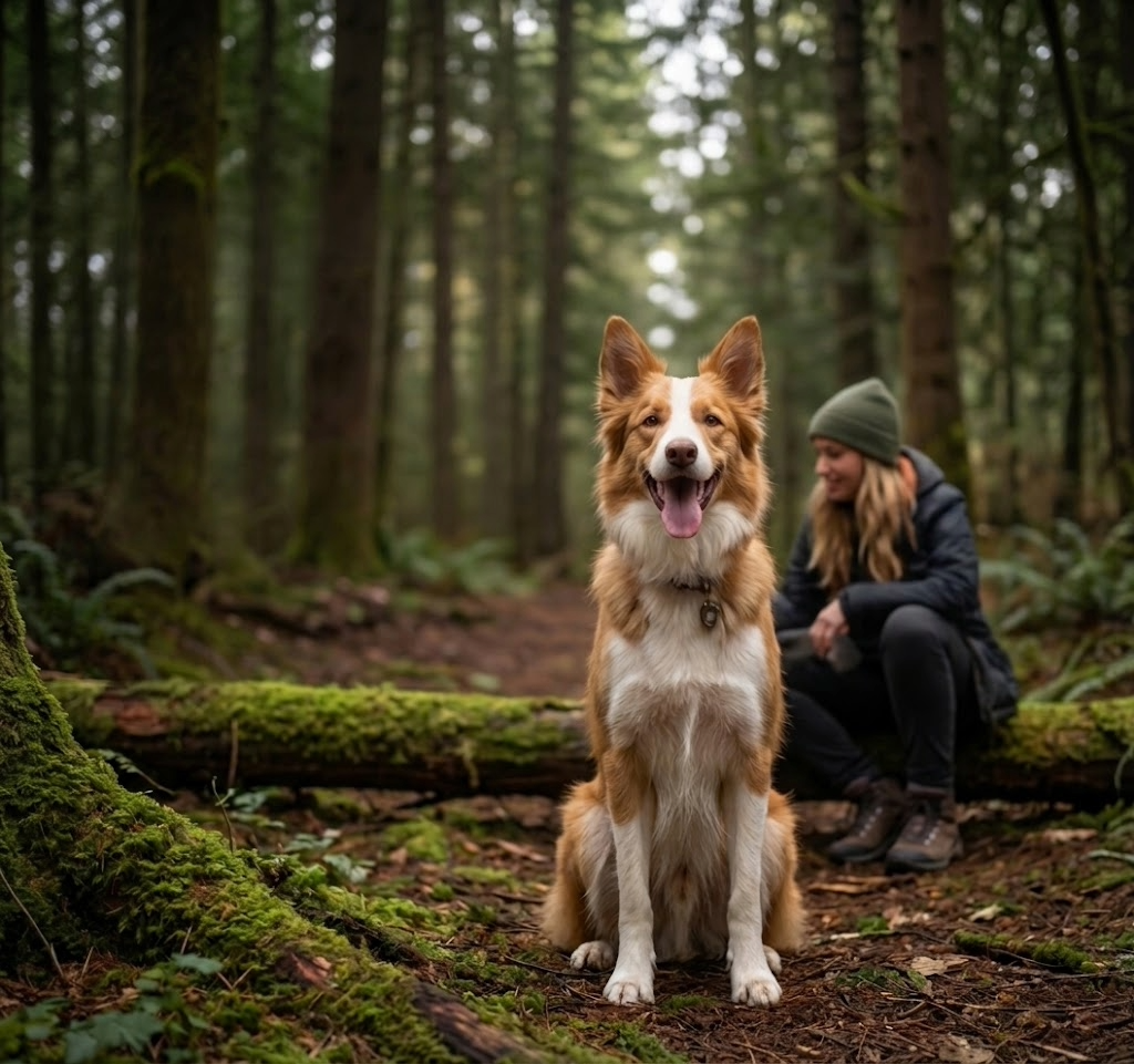 Perro en primer plano en un bosque con su dueña difuminada al fondo