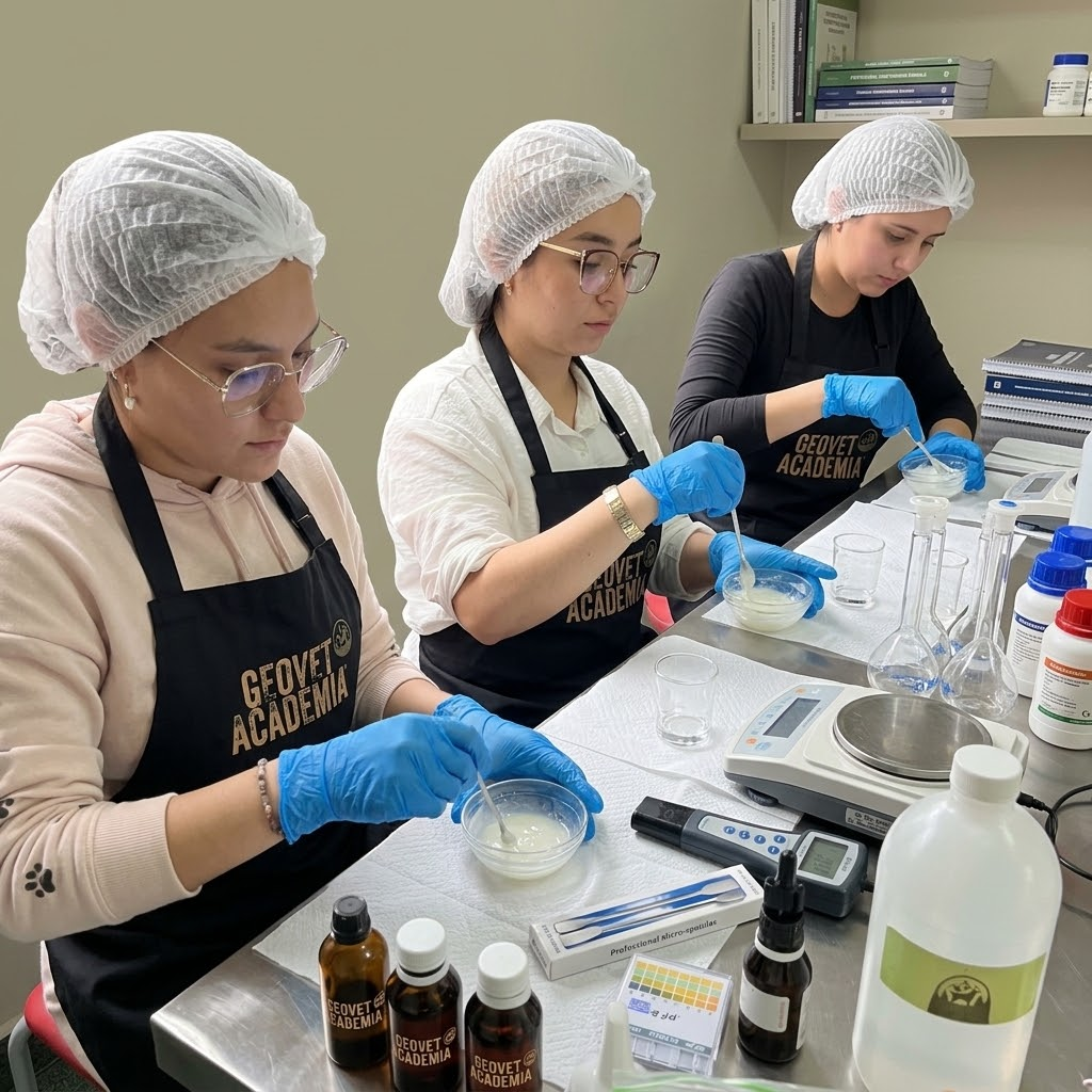 Alumnas del taller de cosmética orgánica GEOVET ACADEMIA formulando productos con insumos profesionales